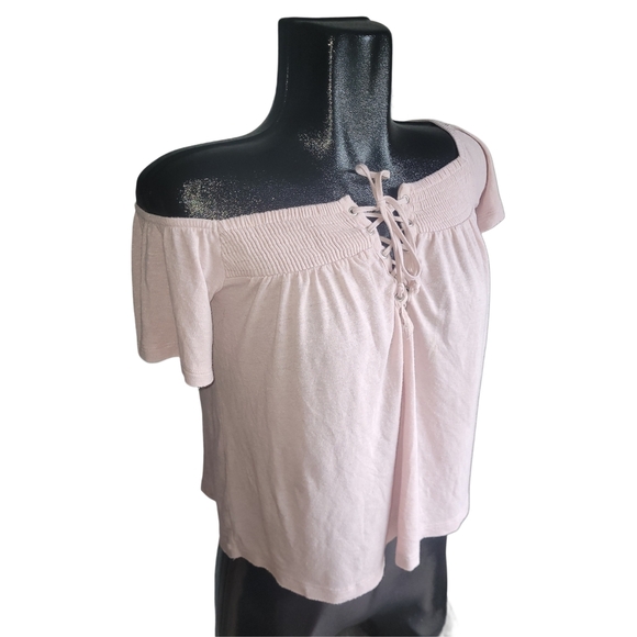 American Eagle Pink Off-Shoulder Lace-Up Crop Short Sleeve Top XS - Picture 2 of 5